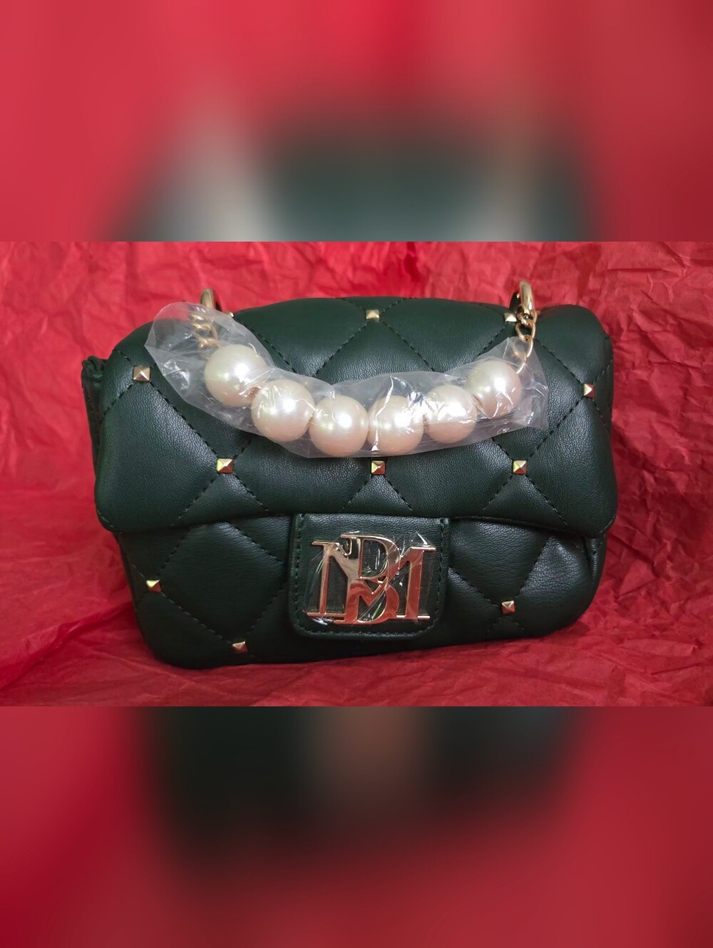 Badgley Mischka Dark Green Crossbody Bag with Pearl Handle - Picture 1 of 6